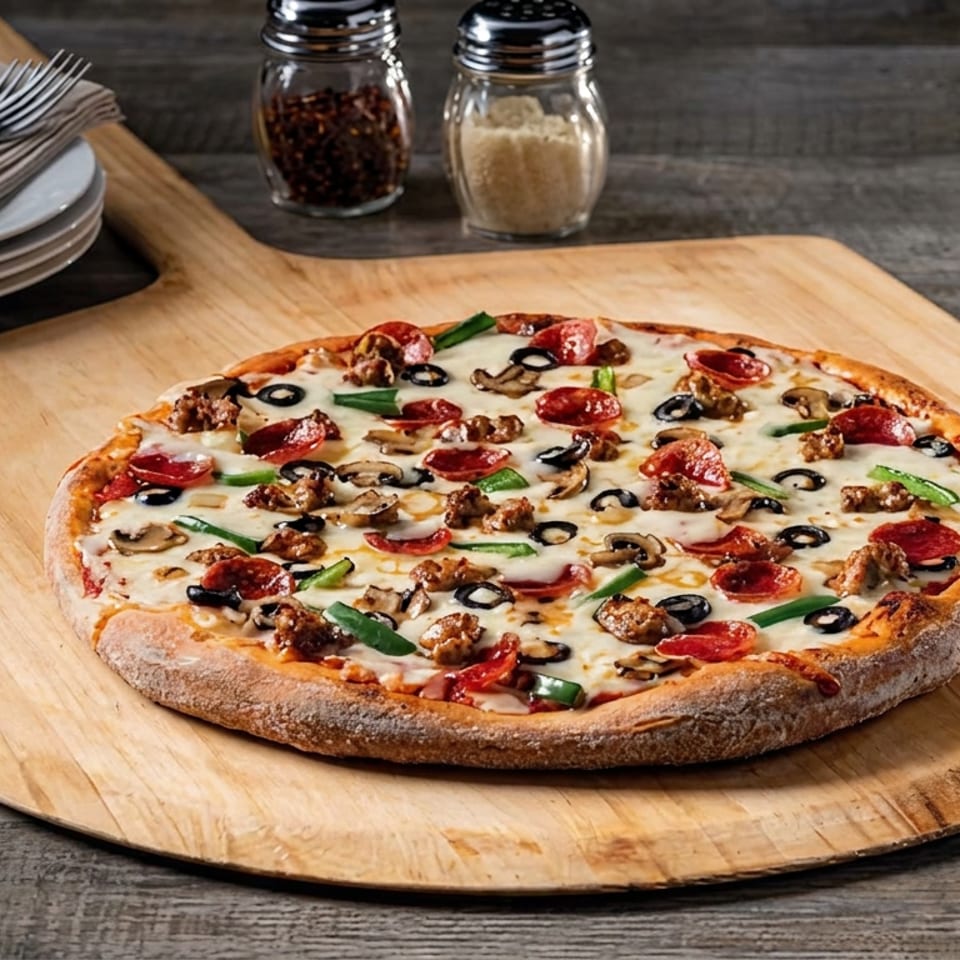 Loaded pizza topped with pepperoni, sausage, mushrooms, olives, and green peppers on a wooden serving board.