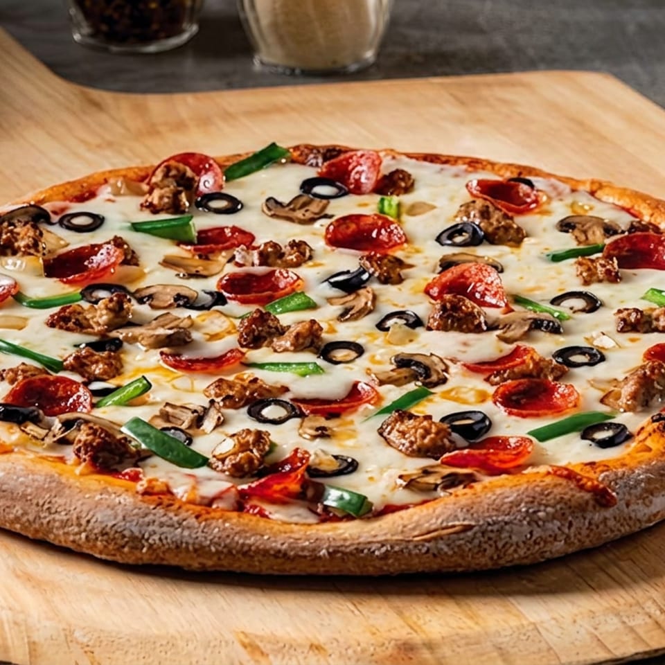 Loaded pizza topped with pepperoni, sausage, mushrooms, black olives, green peppers, and melted cheese on a wooden serving board.