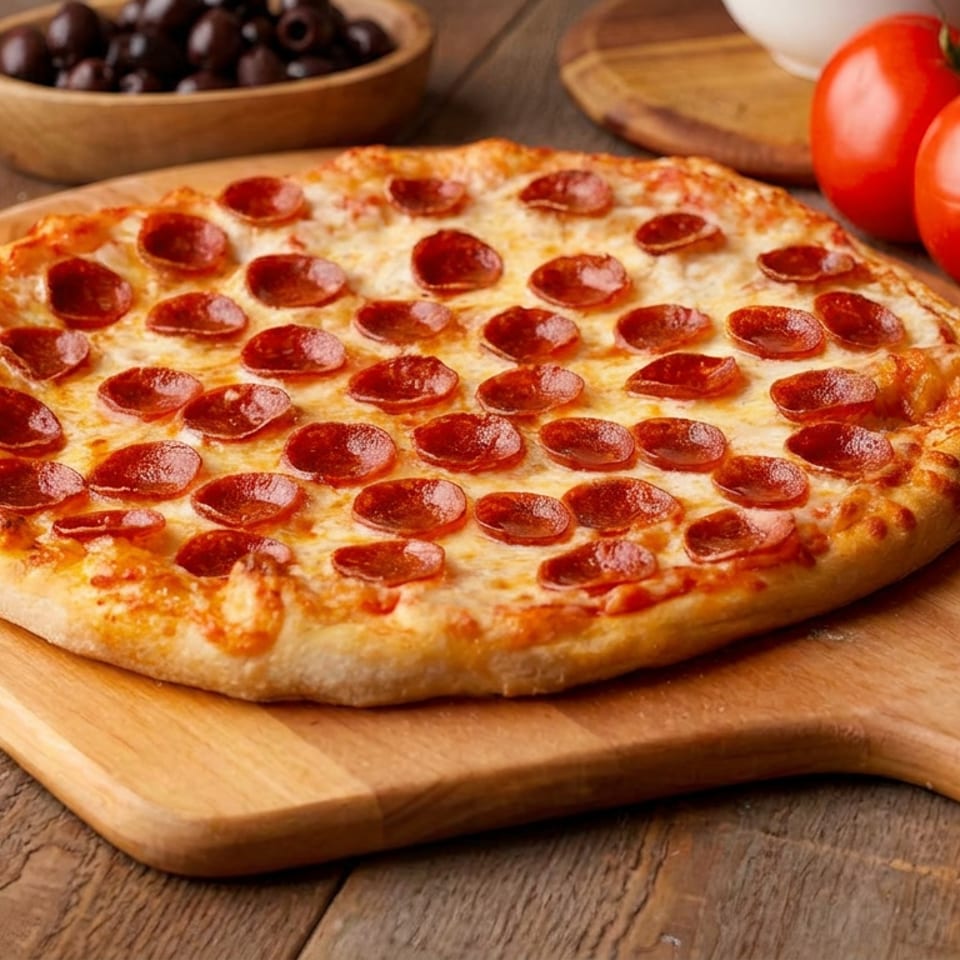 Pepperoni pizza on a wooden serving board, surrounded by fresh tomatoes and bowls of olives on a rustic table.