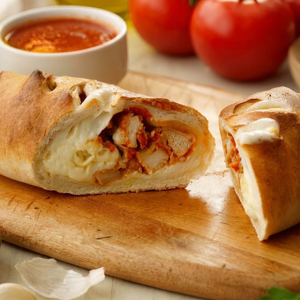 Sliced golden calzone stuffed with chicken, tomato sauce, and melted cheese on a wooden cutting board.