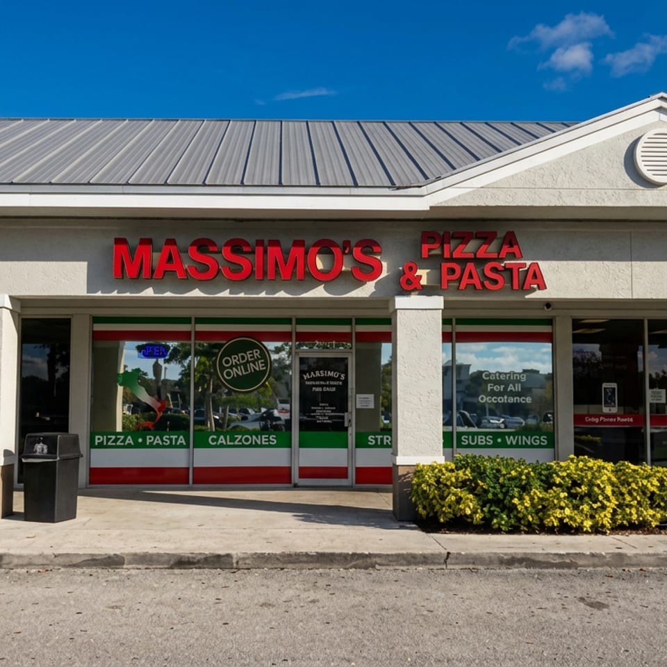 Exterior storefront of Massimo’s Pizza & Pasta, with red signage, glass doors, landscaping, and blue sky.