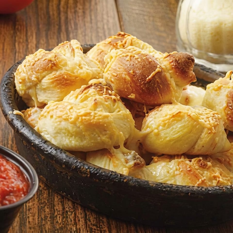 Golden cheese-topped baked rolls in a black bowl with red dipping sauce on a rustic wooden table.