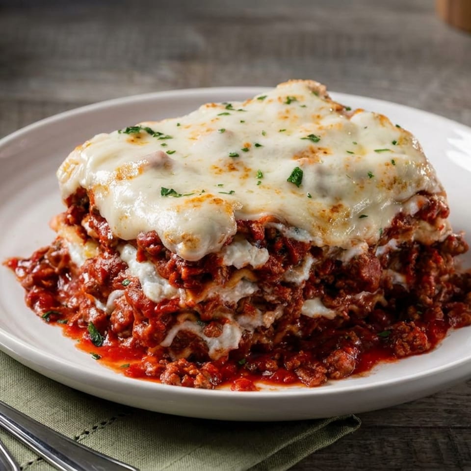 Layered lasagna topped with melted browned cheese and herbs, served on a white plate with utensils on a rustic table.