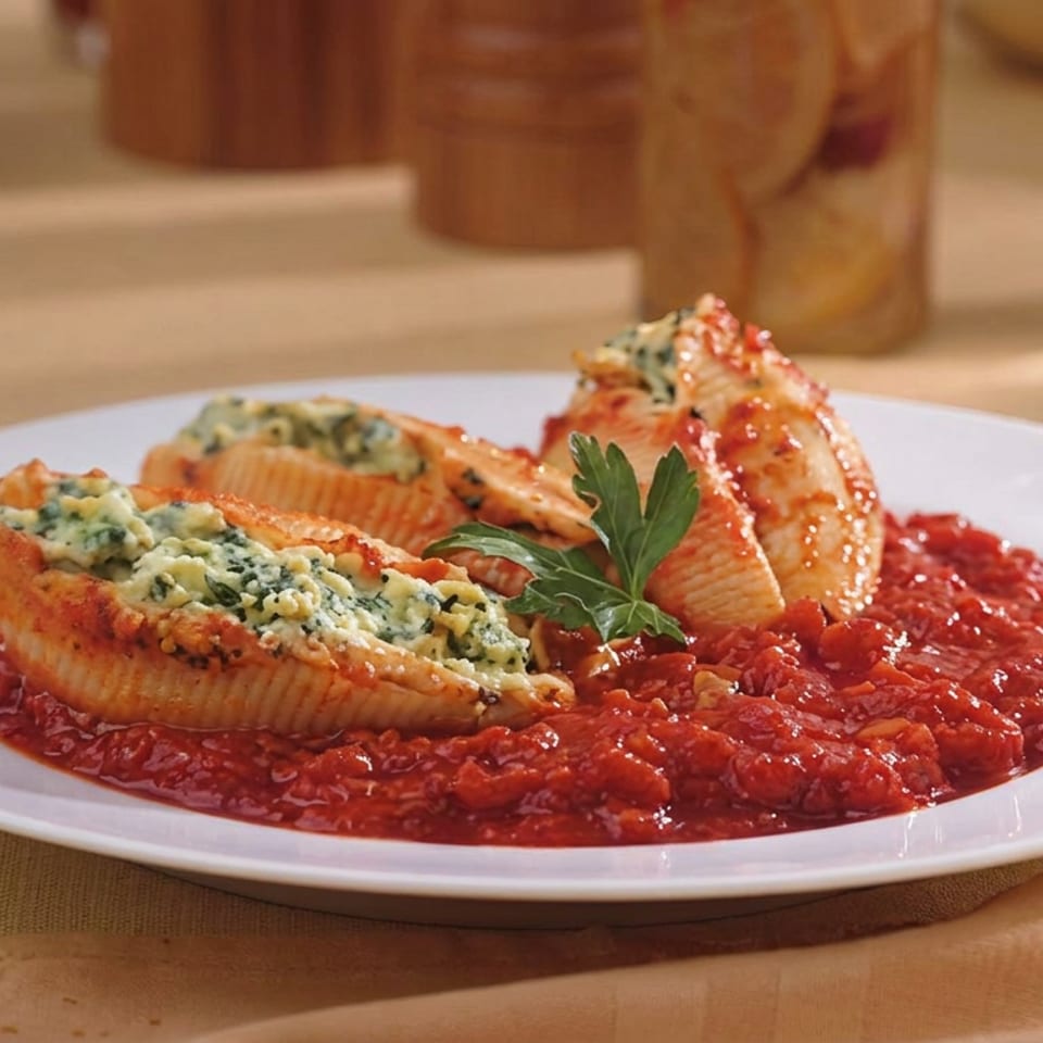 Stuffed pasta shells topped with cheese and parsley, served in chunky tomato sauce on a white plate.
