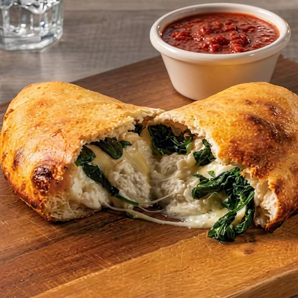 Golden baked calzone stuffed with melted cheese and spinach, served with marinara sauce on a wooden board.